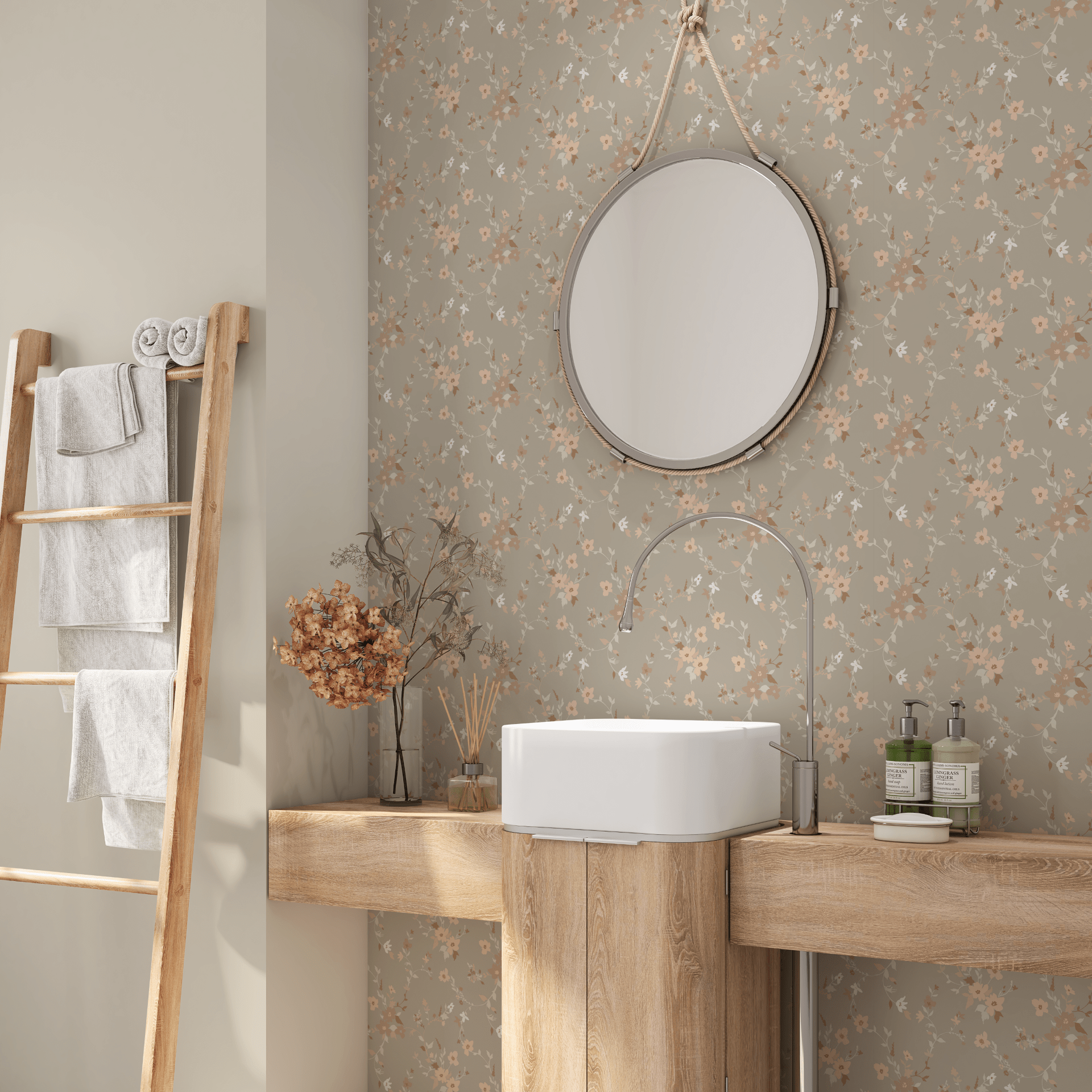 Rustic floral wallpaper in a bathroom setting, combining earthy elegance with functional design elements.
