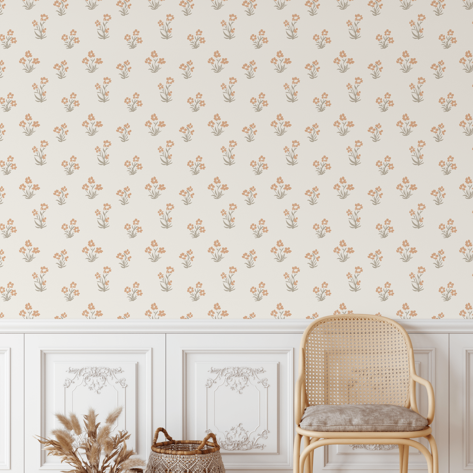 Sage sprig peel and stick wallpaper in a fresh, neutral tone enhances a traditional entryway with wainscoting.