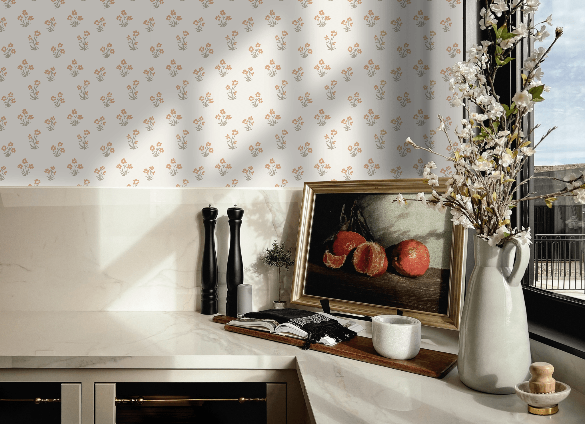 Kitchen adorned with sage sprig wallpaper, offering a subtle, herbal-inspired backdrop for modern culinary spaces.