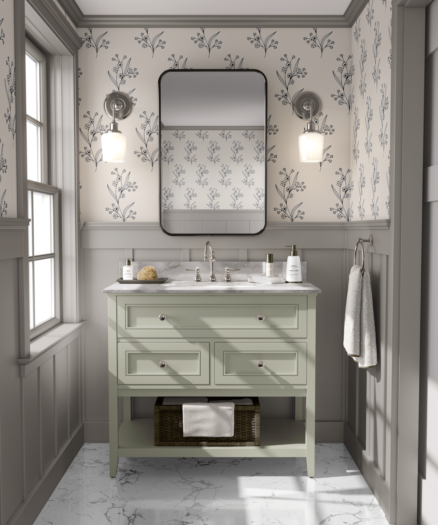 A bathroom featuring twig-patterned peel and stick wallpaper, a green vanity, and marble floors