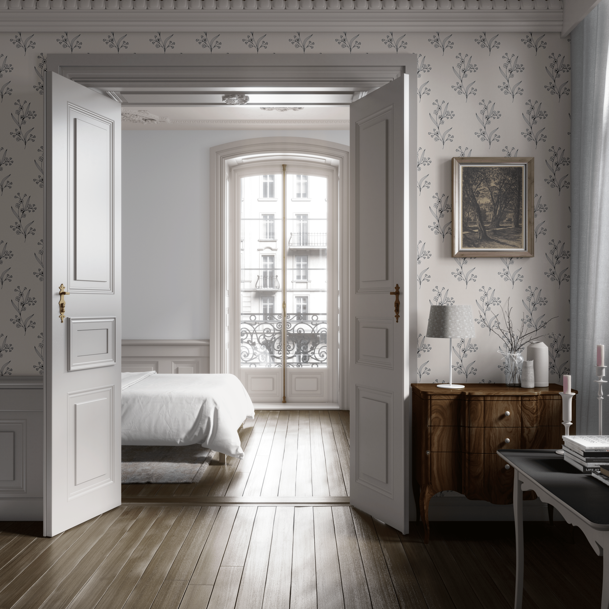 A bedroom with sketched twig peel and stick wallpaper, white bedding, and traditional wooden furniture