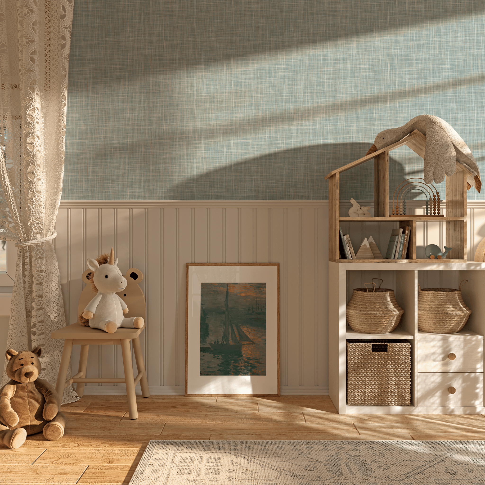 Sky blue faux grasscloth wallpaper self adhesive and removable, peel and stick grasscloth wallpaper.