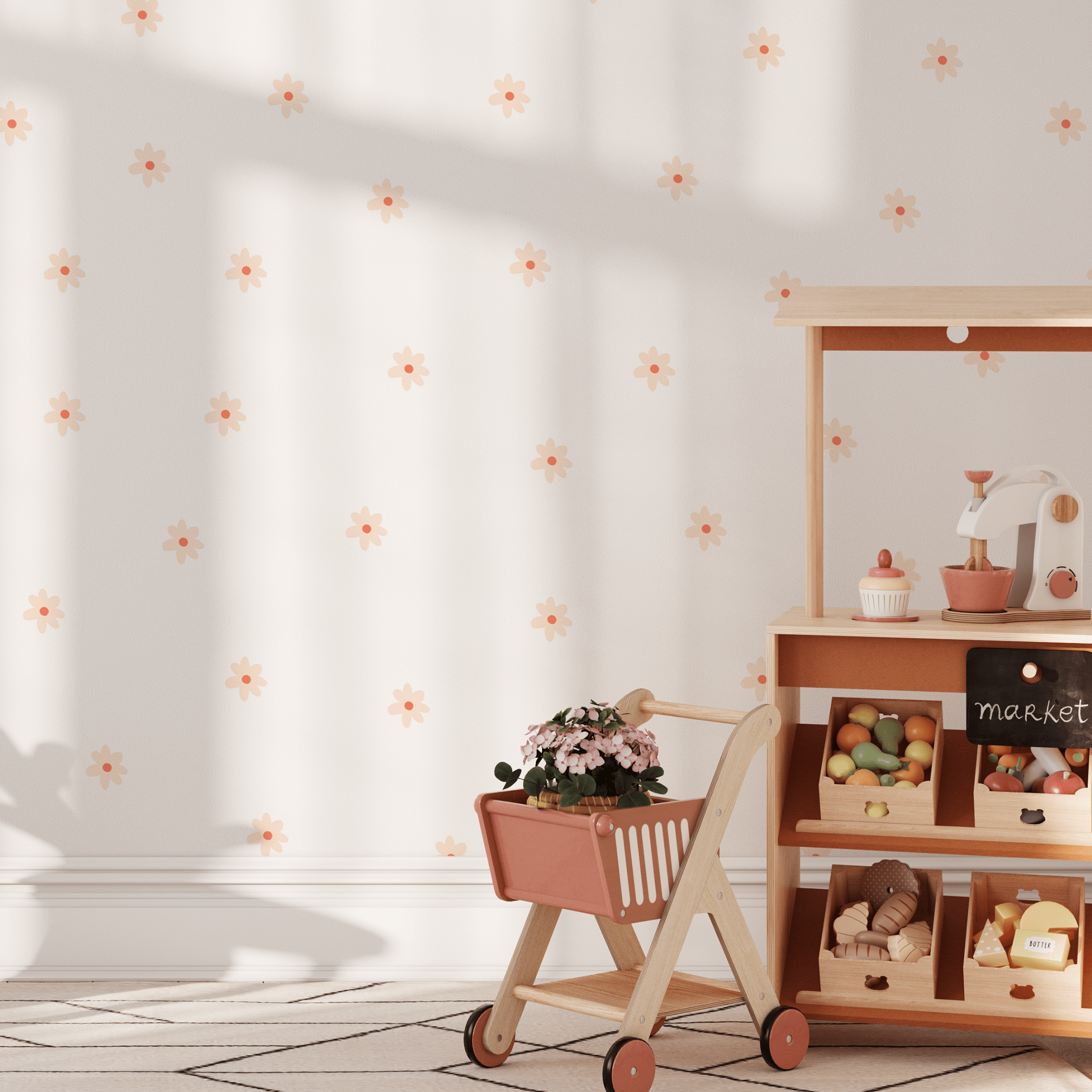 Small dainty floral daisy wall stickers in a child's play area