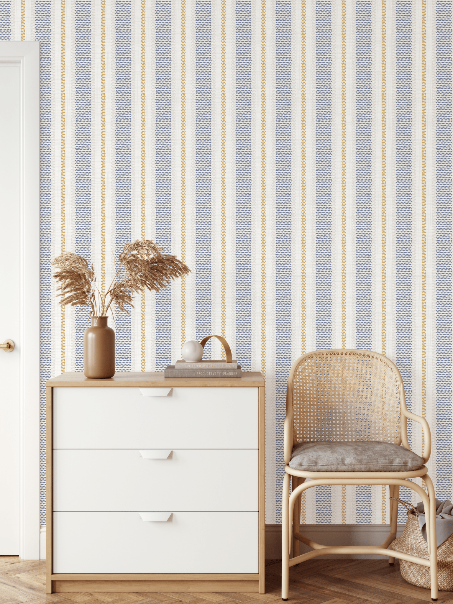 Blue, white, yellow stitch wallpaper, blue and yellow wallpaper, fresh style wallpaper, bathroom wallpaper, entryway wallpaper