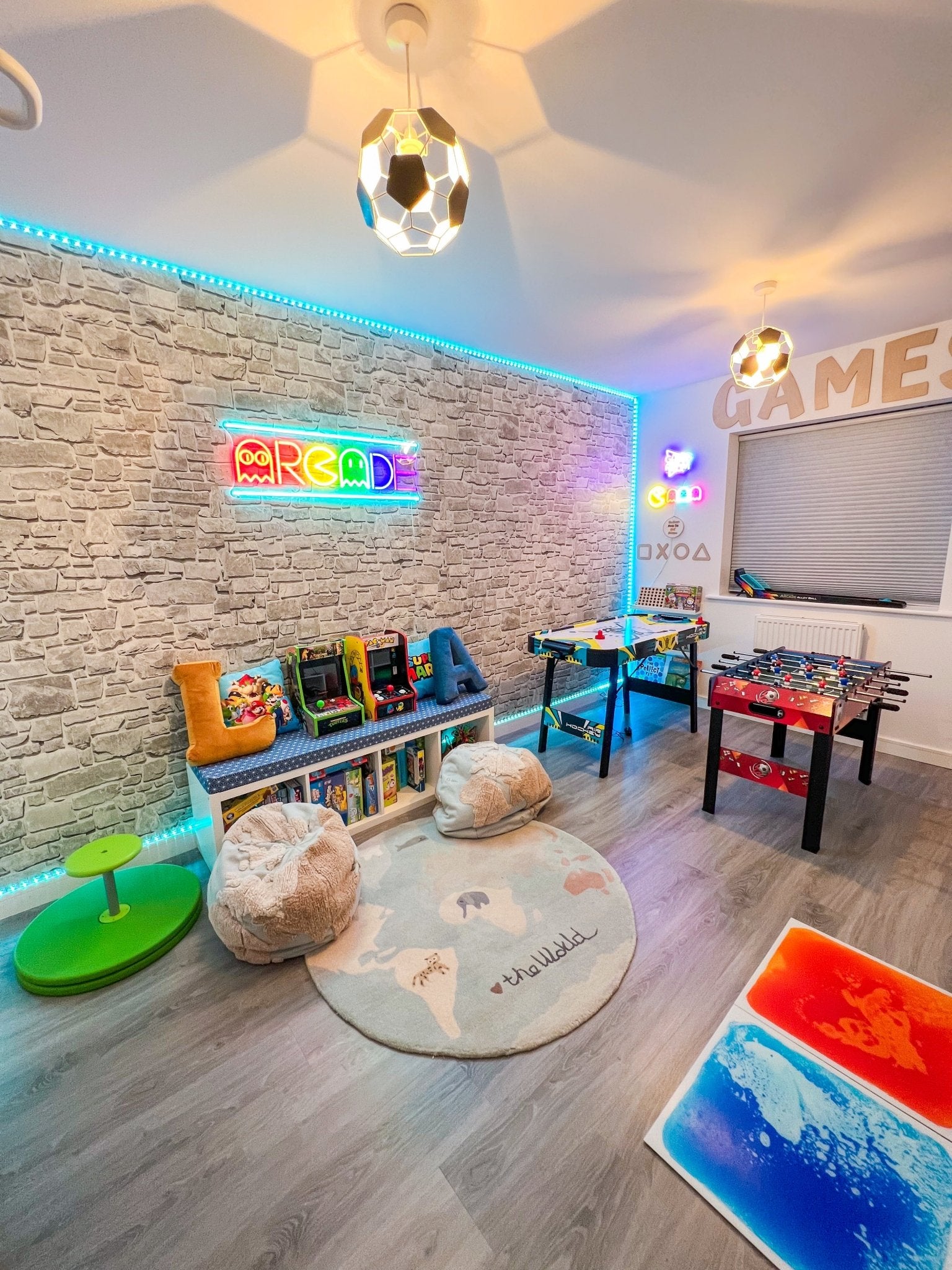 Stone peel and stick wallpaper in play room, stone wallpaper for arcade