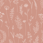 A sample of terracotta botanical wallpaper, showcasing intricate white floral and foliage illustrations on a deep pink background