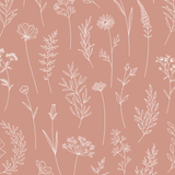 A sample of terracotta botanical wallpaper, showcasing intricate white floral and foliage illustrations on a deep pink background