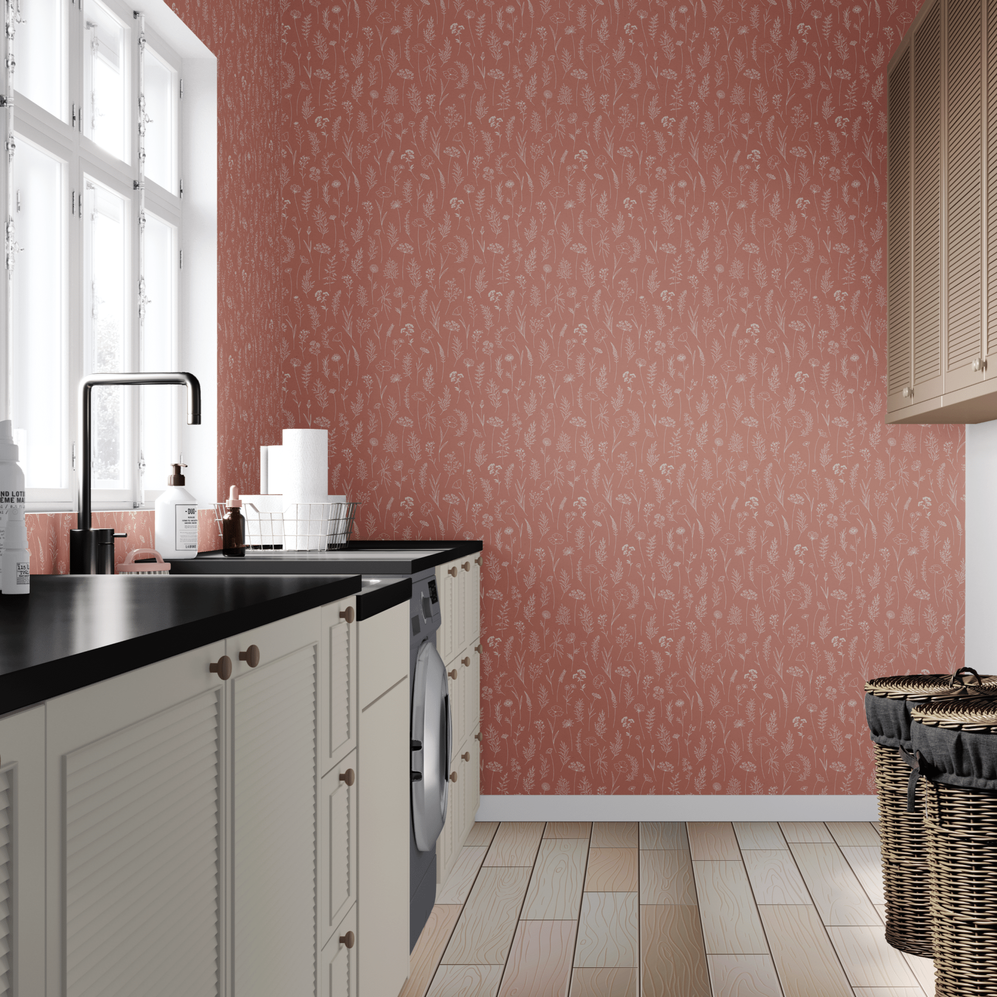 Modern laundry room with a floral terracotta dainty floral wallpaper, contrasting with cream cabinets, black countertops,