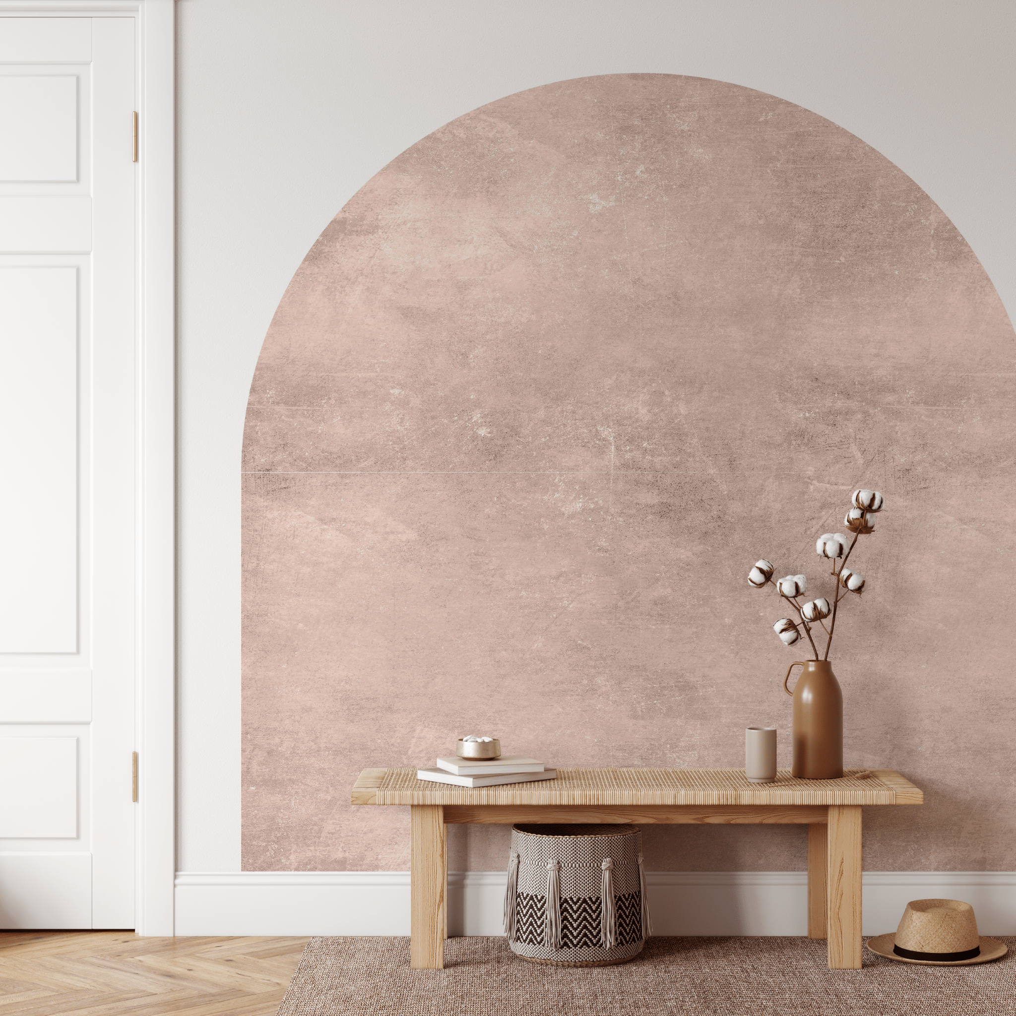 French pink peel and stick large textured wall arch in a bohemian style home