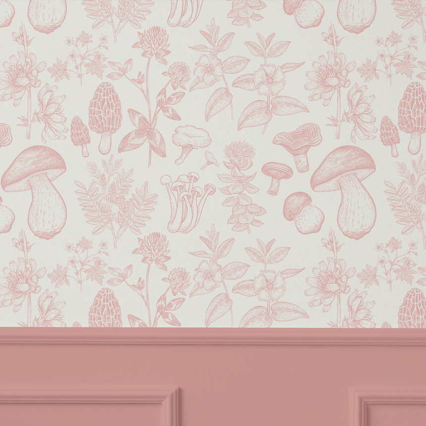 mushroom wallpaper, forest wallpaper, pink red wallpaper