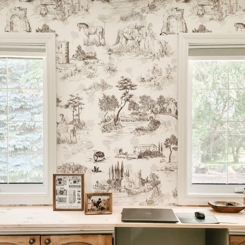 Old country toile de jouy wallpaper in home office