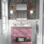 tulip wallpaper peel and stick in a bathroom with a gold mirror and pink vanity