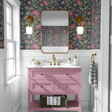 tulip wallpaper peel and stick in a bathroom with a gold mirror and pink vanity