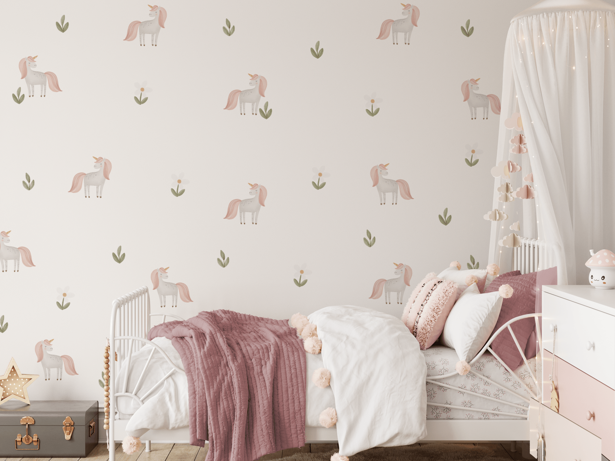 Beautiful girls bedroom with dusty rose decor and unicorn and flower removable wall stickers