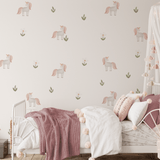 Beautiful girls bedroom with dusty rose decor and unicorn and flower removable wall stickers