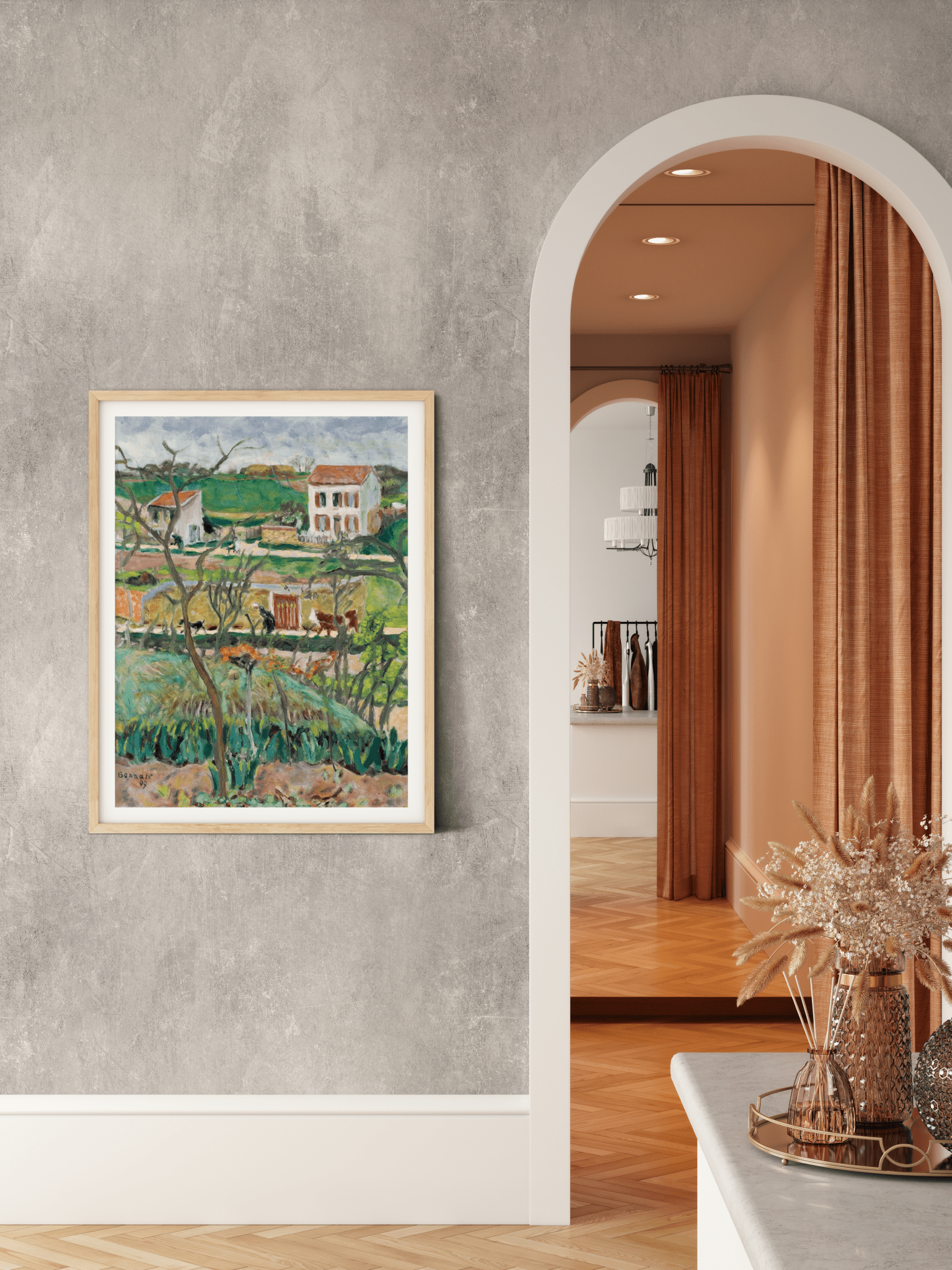 Elegant interior with Venetian plaster walls showcasing a framed landscape painting, modern furniture, and warm drapery in a stylish home decor setting