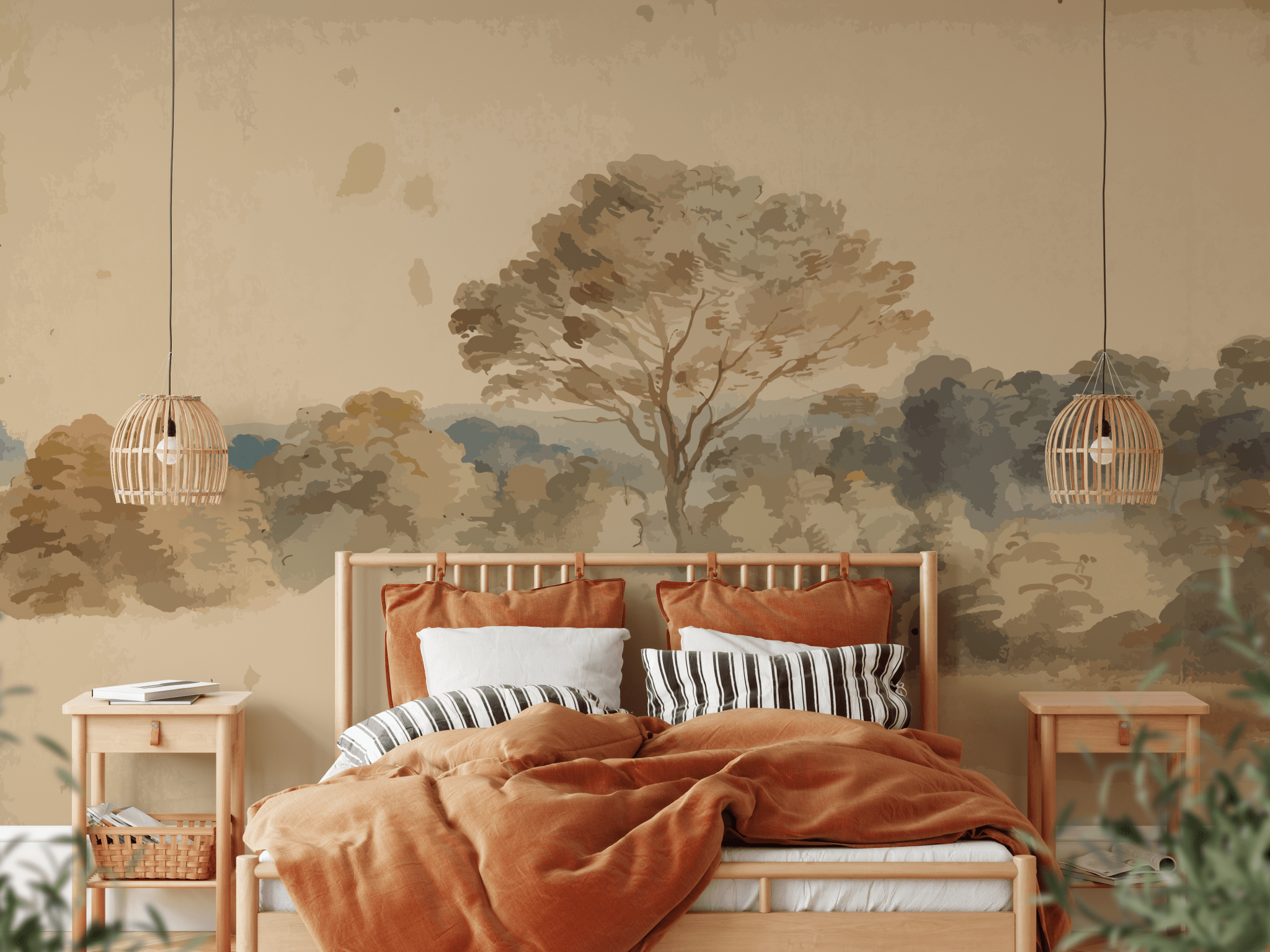 A warm and inviting bedroom with a wall adorned by a high-quality peel and stick mural illustrating a vintage landscape with trees. The room includes a wooden bed with orange bedding, striped pillows, and pendant lights.