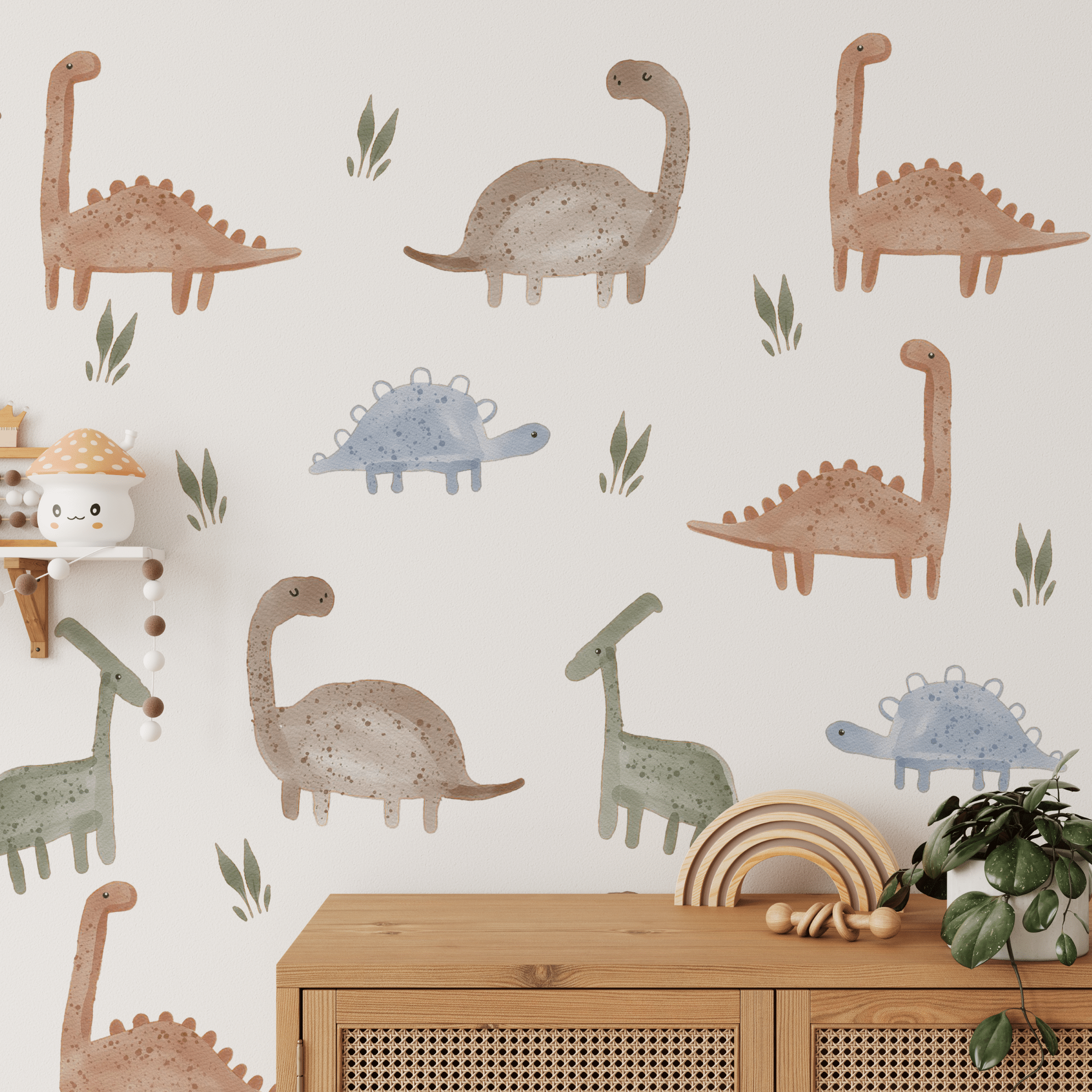 Removable dinosaurs for a child's wall in neutral watercolor