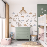 Shared kids bedroom with self-adhesive removable watercolour hand painted dinosaurs