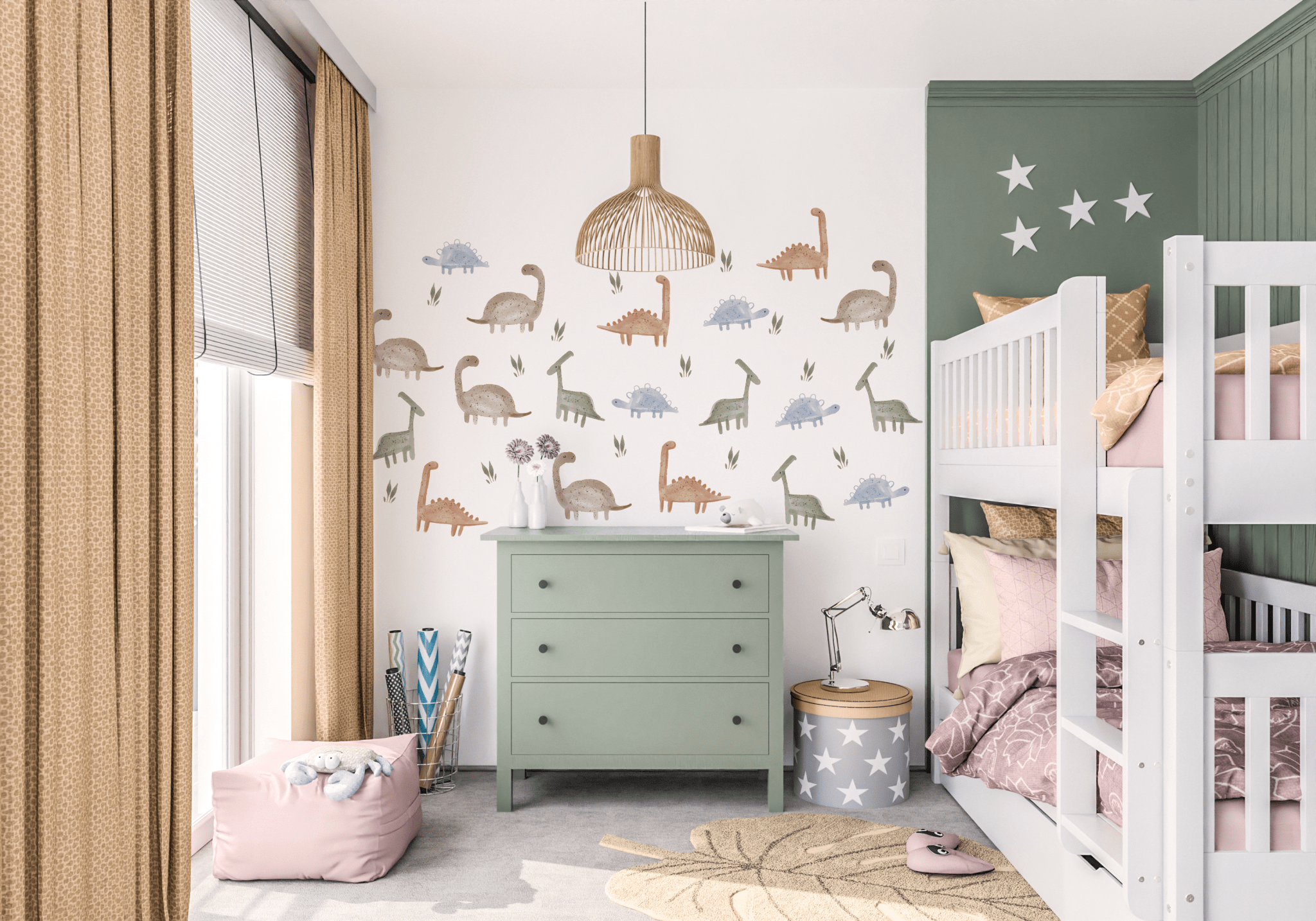 Shared kids bedroom with self-adhesive removable watercolour hand painted dinosaurs