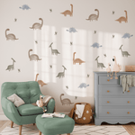 Watercolor Dinosaur stickers in a child bedroom with green and blue accents