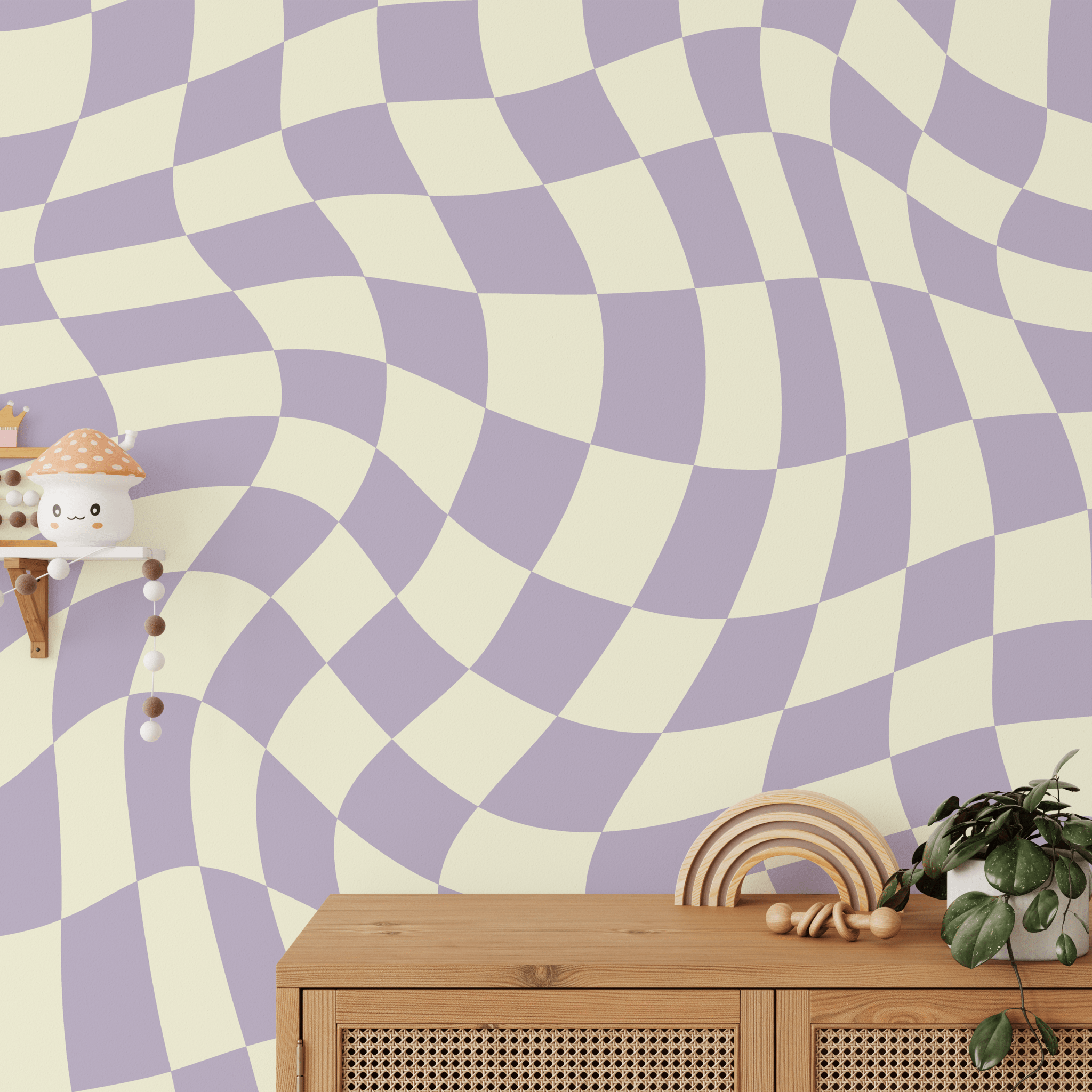 This is a room interior visual showcasing lilac and cream checkerboard peel-and-stick wallpaper applied to a wall with children's room decor.