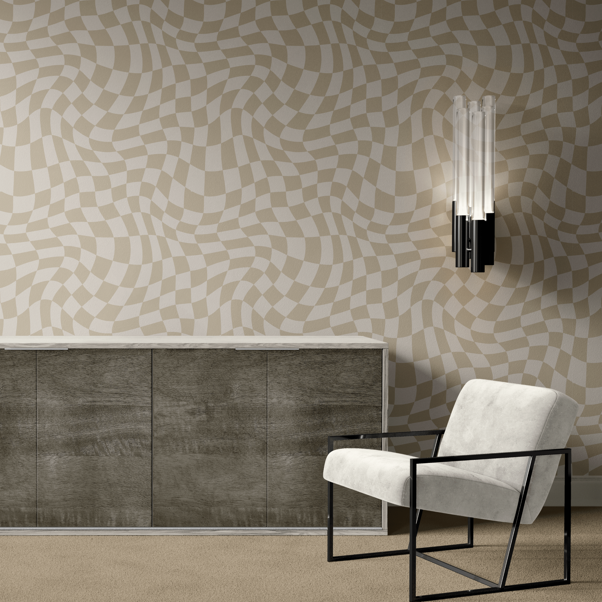  a room interior with a wall covered in a neutral-toned checkerboard wallpaper, complemented by modern furniture.
