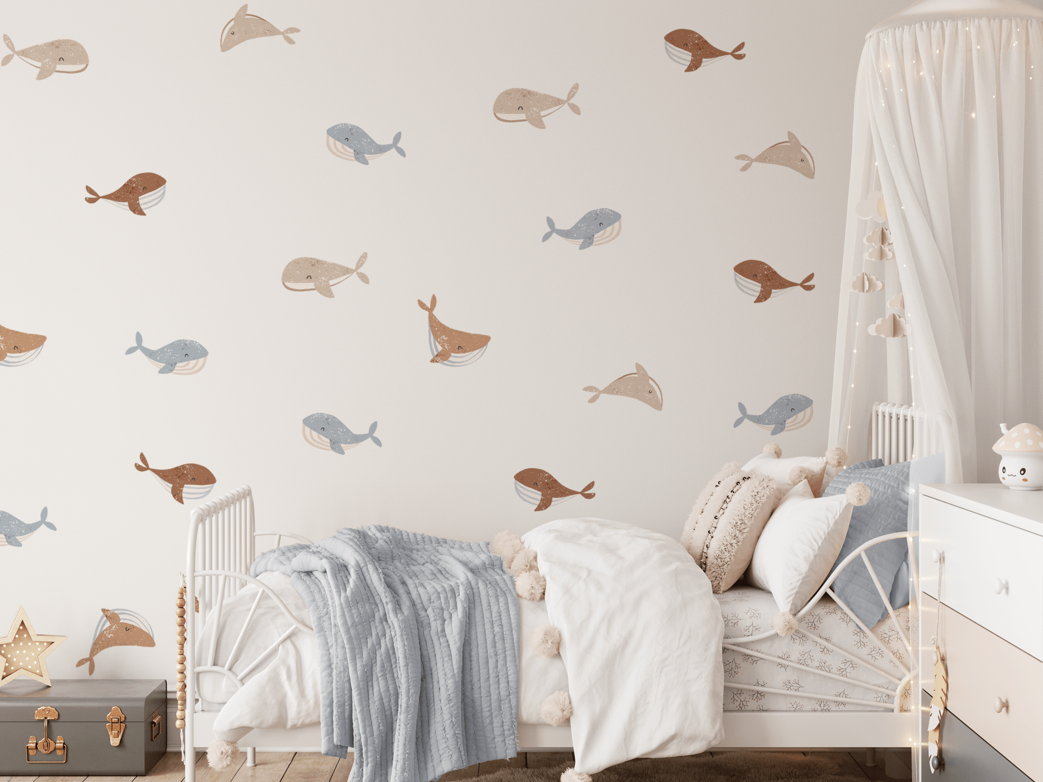 Boys whale wall stickers for kids room, whale wall stickers in neutral colours