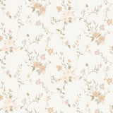 Soft pastel floral pattern with blush, taupe, and white flowers mingling with light green foliage on a creamy background, creating a whimsical and gentle ambiance for wall decor