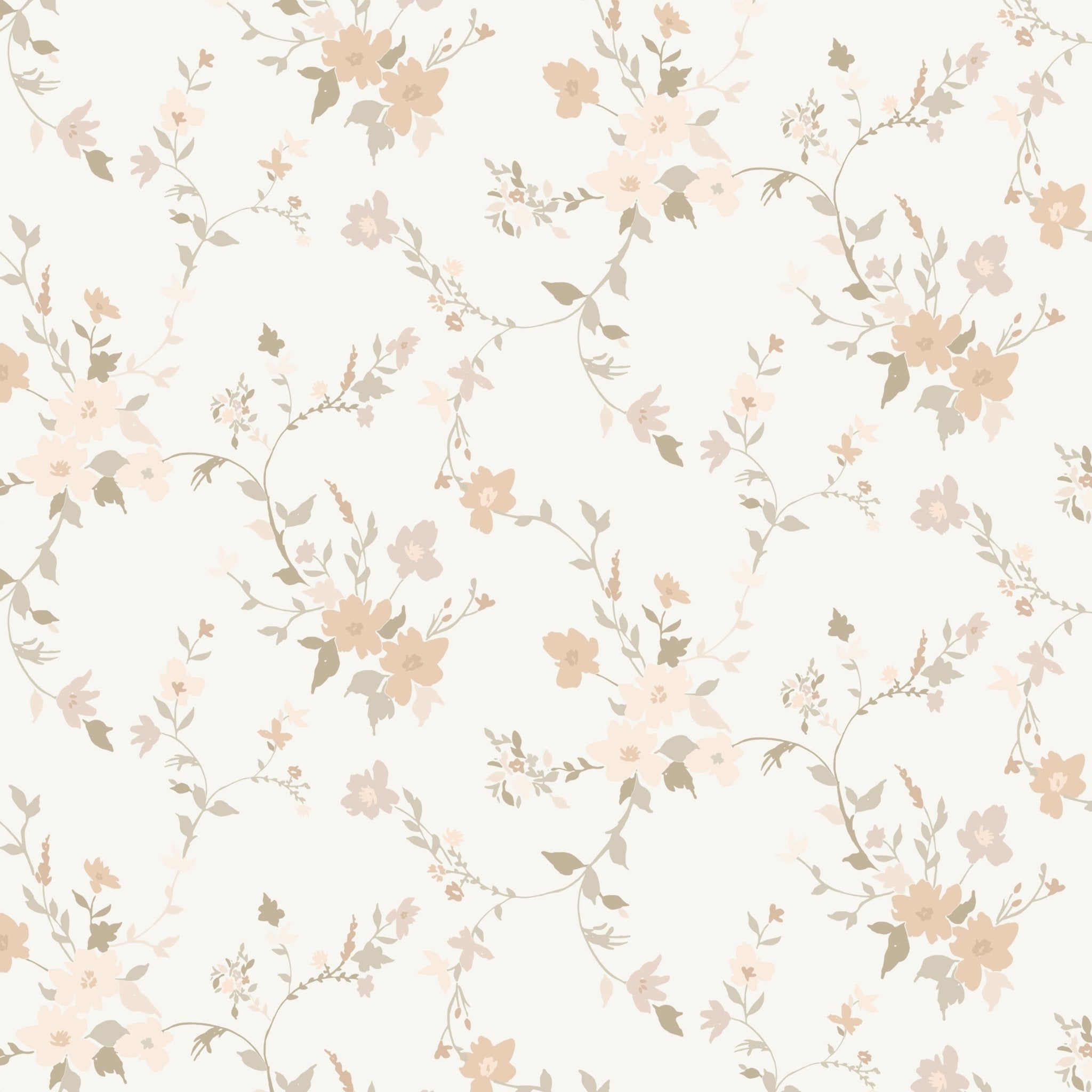 Soft pastel floral pattern with blush, taupe, and white flowers mingling with light green foliage on a creamy background, creating a whimsical and gentle ambiance for wall decor