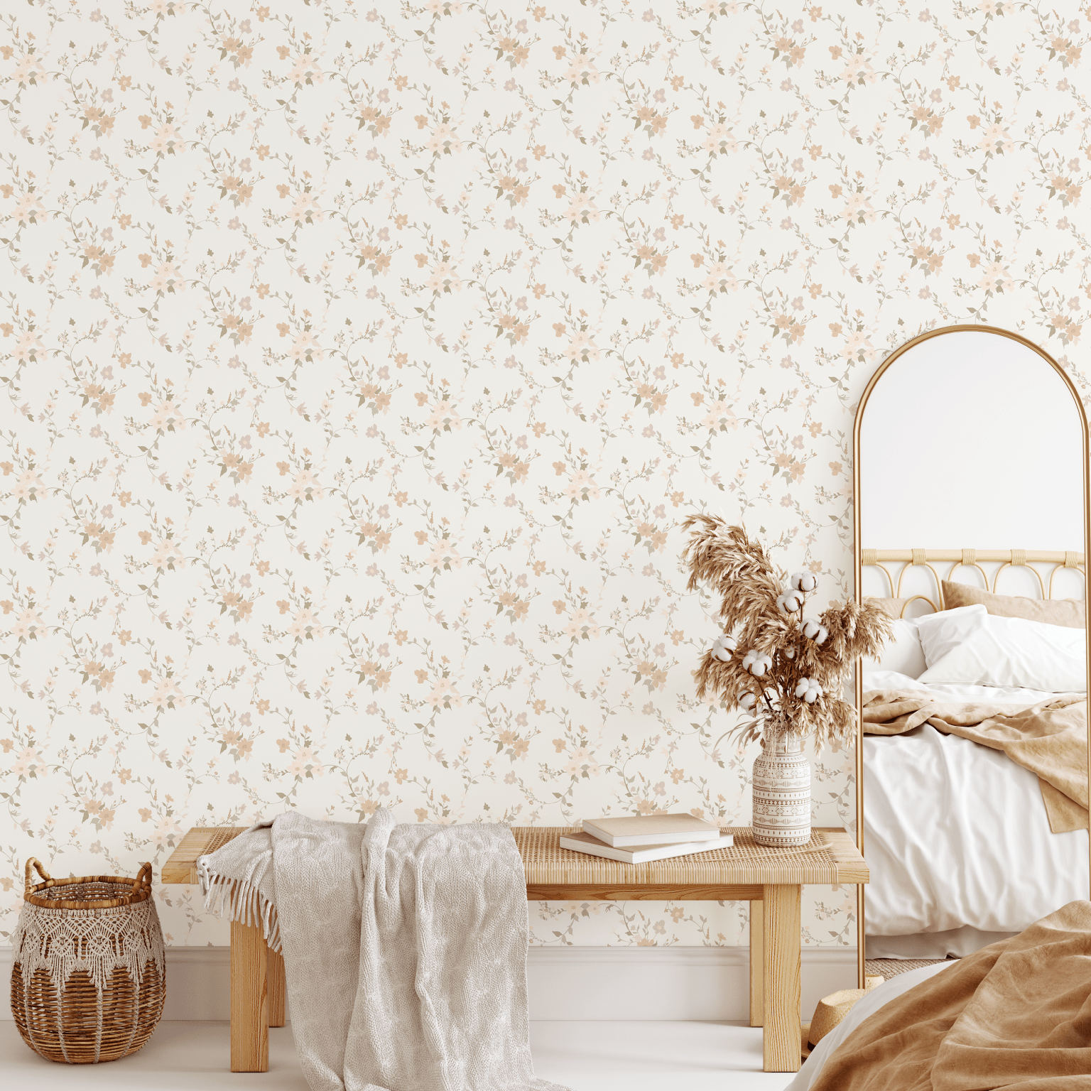 Bedroom with whimsical blossom peel and stick wallpaper in a soft, neutral palette complementing a cozy bed and bench.
