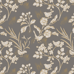 A close-up of peel and stick wallpaper with a whimsical floral and bird pattern on a dark background