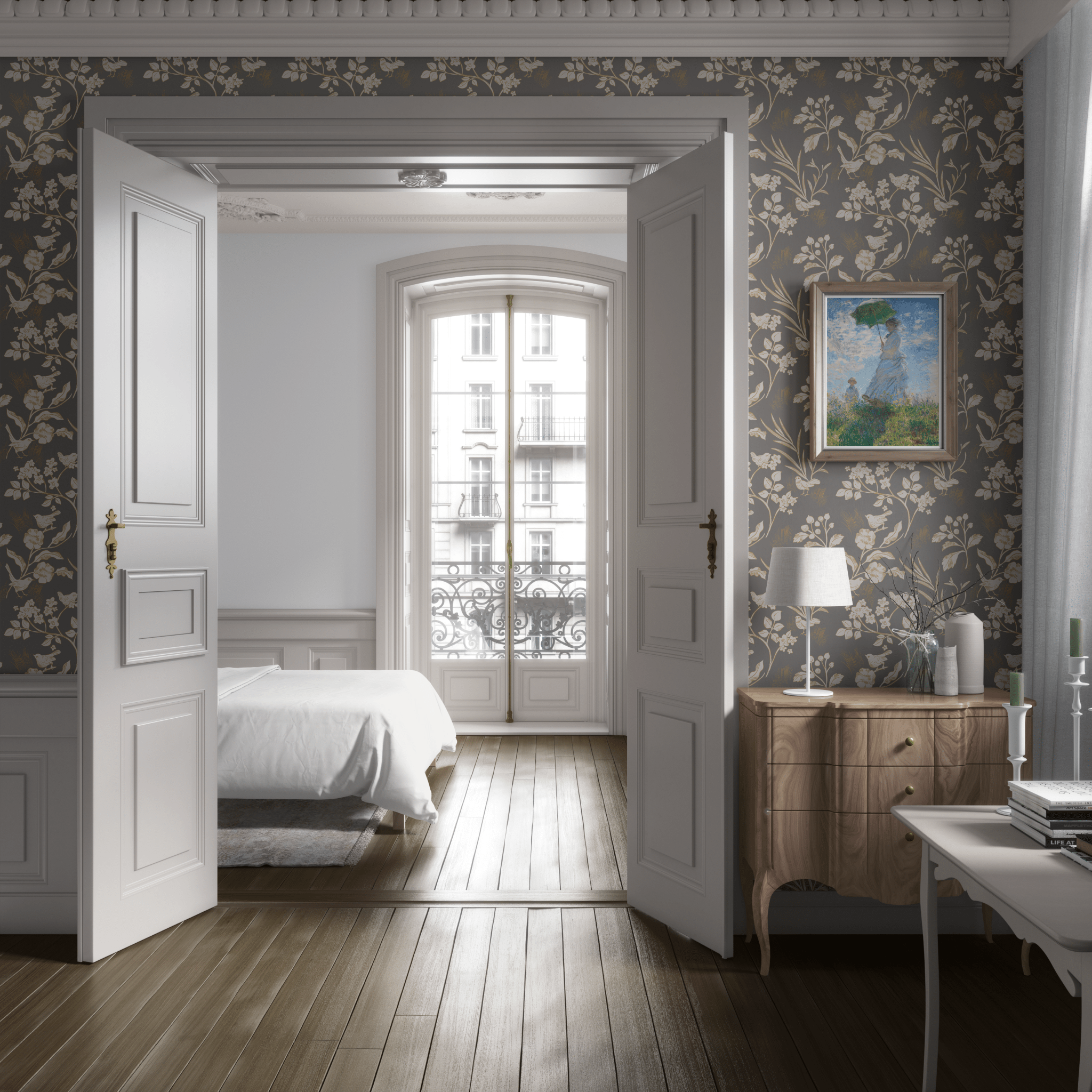 A bedroom with dark floral peel and stick wallpaper featuring birds and classic greenery, a classic wooden dresser, and herringbone floor."A bedroom with dark floral peel and stick wallpaper featuring birds and classic greenery, a classic wooden dresser, and herringbone floor.