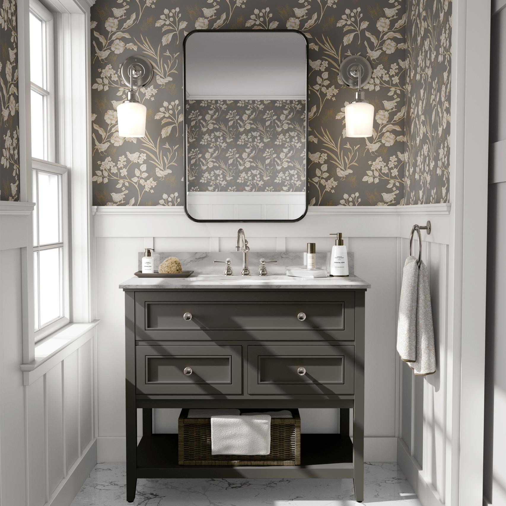A bathroom with dark floral peel and stick wallpaper, a grey vanity. Bird wallpaper.