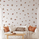 Removable peel and stick wall decals in a woodland forest theme featuring acorns, flowers, leaves and mushrooms