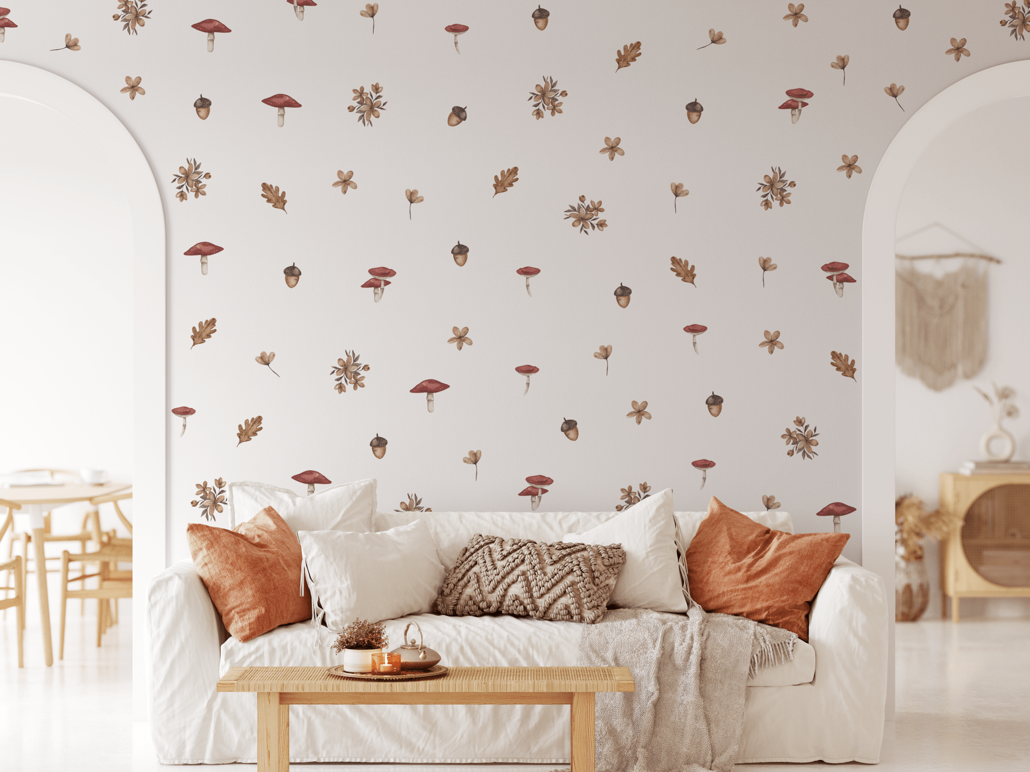 Removable peel and stick wall decals in a woodland forest theme featuring acorns, flowers, leaves and mushrooms