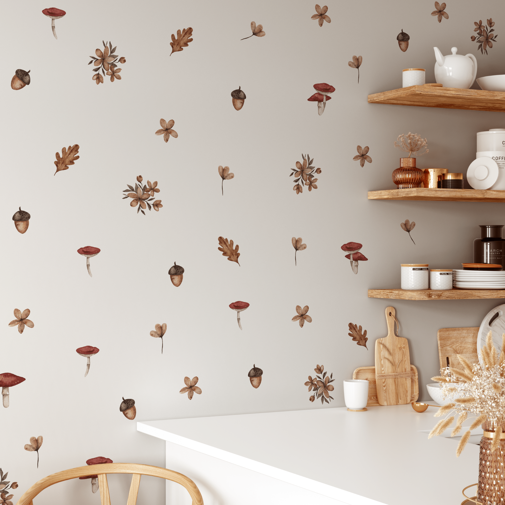 Acorn, Mushroom, Leaf and Flower wall stickers for walls, removable and self adhesive