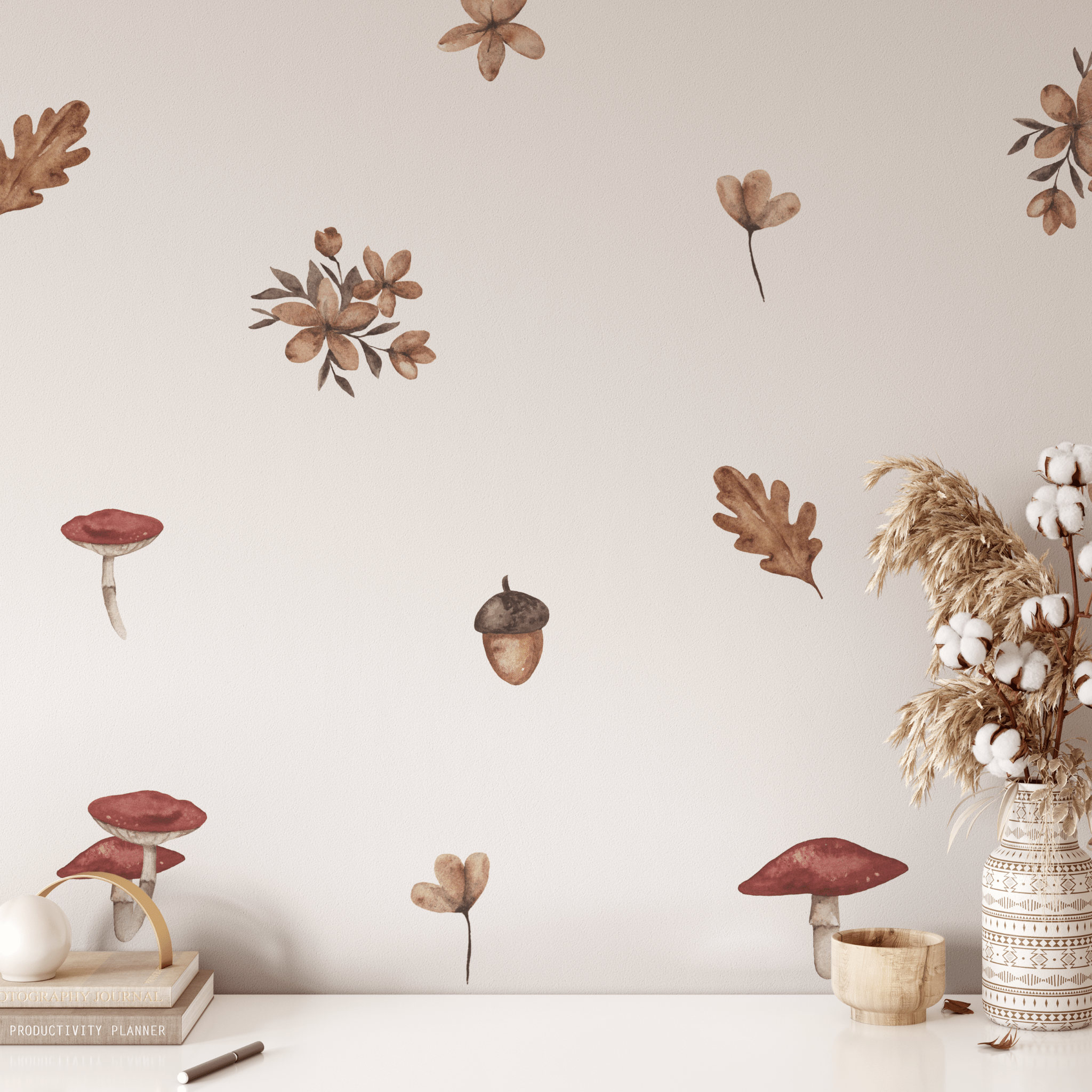 Forest floral wall stickers with natural wood elements like mushrooms, and acorns