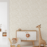 Safari Animal wallpaper featuring wild animals in beige and white in a child's room.